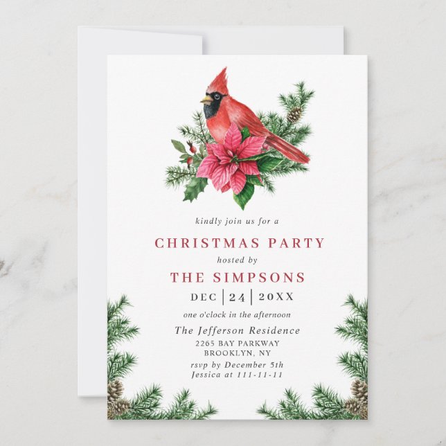 Watercolor Poinsettia Red Cardinal Christmas Party Invitation (Front)