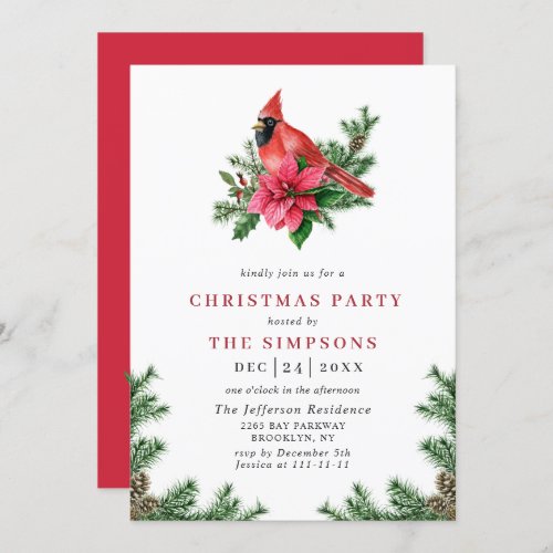 Watercolor Poinsettia Red Cardinal Christmas Party Invitation