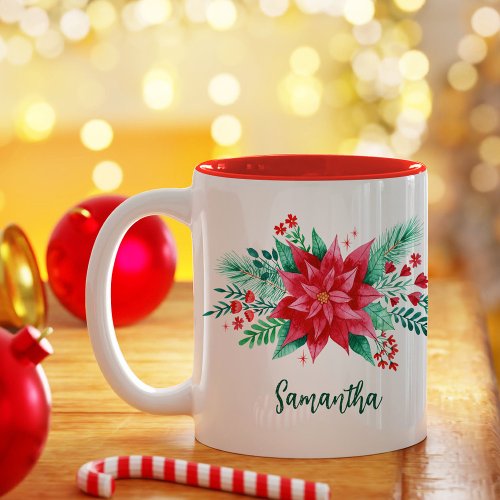 Watercolor Poinsettia Red Christmas Flower  Name Two_Tone Coffee Mug