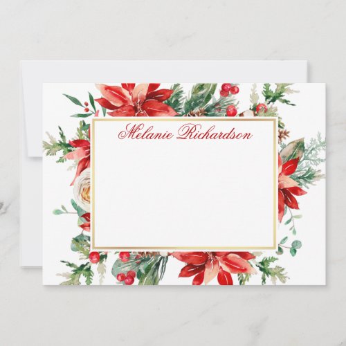 Watercolor Poinsettia Red Floral Greenery Gold Note Card