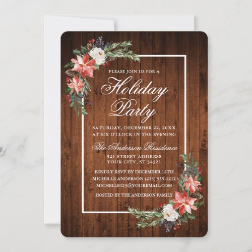 Watercolor Poinsettia Rustic Wood Holiday Party Invitation