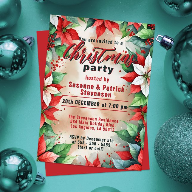 Watercolor Poinsettia Traditional Christmas Party Invitation (Creator Uploaded)