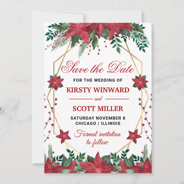 Watercolor Poinsettia Wedding Save the Date Invitation (Front)