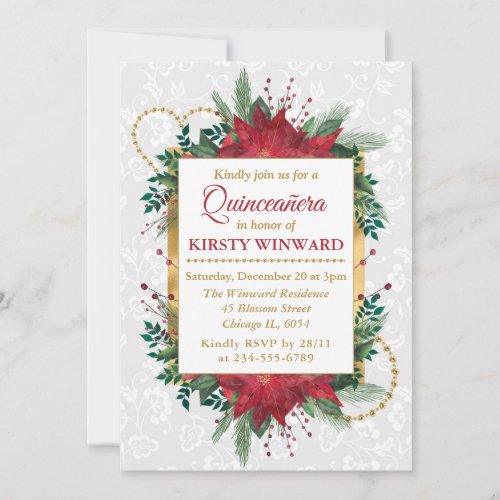 Watercolor Poinsettia Winter Christmas Quinceaera Invitation