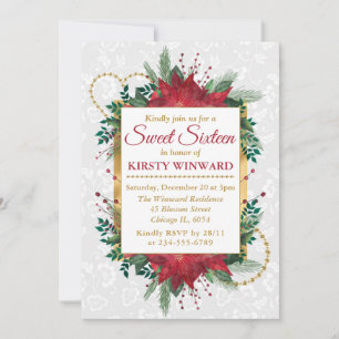 Watercolor Poinsettia Winter Christmas Sweet 16 Invitation