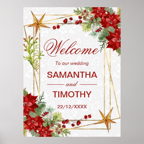 Watercolor Poinsettia Winter Wedding Welcome Poster