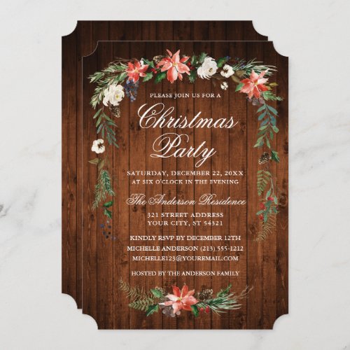 Watercolor Poinsettia Wood Christmas Party Invitation