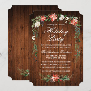 Watercolor Poinsettia Wood Holiday Party Invitation