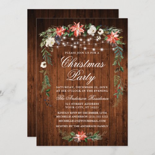 Watercolor Poinsettia Wood Lights Christmas Party Invitation