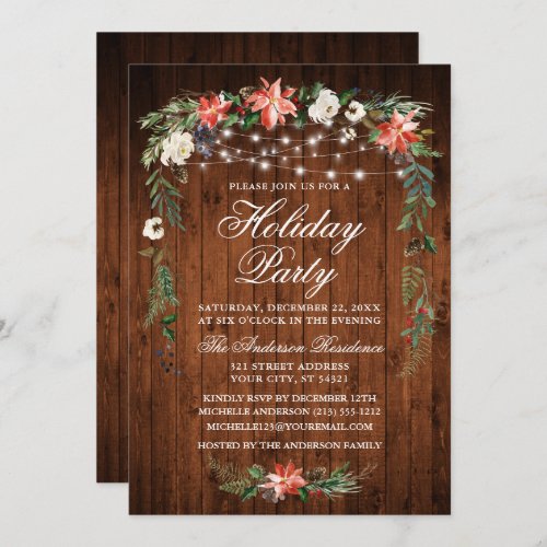 Watercolor Poinsettia Wood Lights Holiday Party Invitation