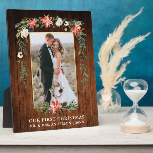 Watercolor Poinsettia Wood Our First Christmas Plaque