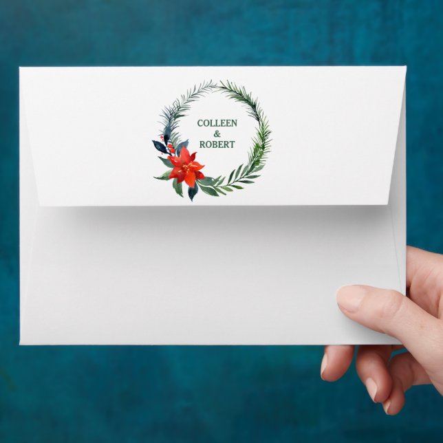 Watercolor Poinsettia Wreath Christmas Wedding Envelope (Hand)