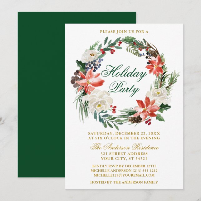 Watercolor Poinsettia Wreath Green Holiday Party Invitation (Front/Back)