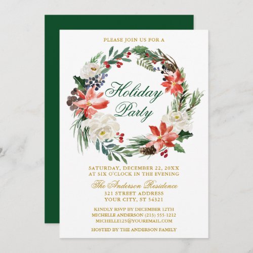 Watercolor Poinsettia Wreath Green Holiday Party Invitation