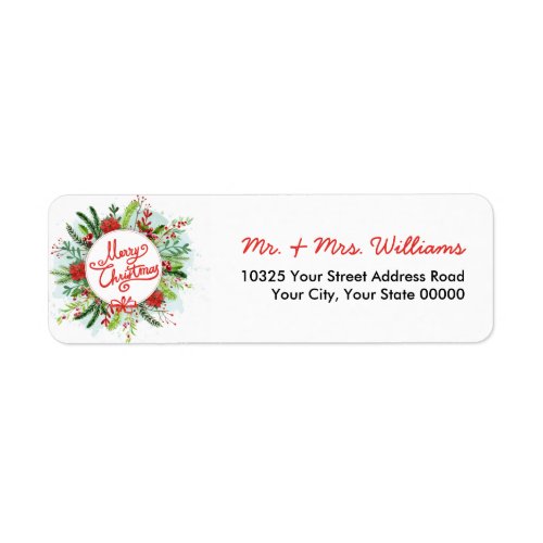 Watercolor Poinsettia Wreath Merry Christmas Label