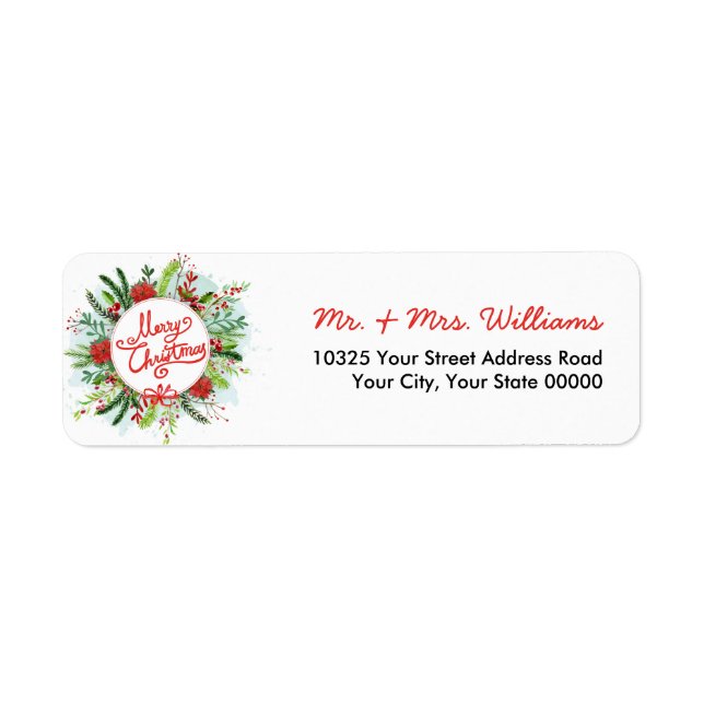 Watercolor Poinsettia Wreath Merry Christmas Label (Front)