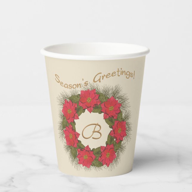 Watercolor Poinsettia Wreath - Monogrammed Paper Cups (Front)