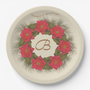Watercolor Poinsettia Wreath - Monogrammed Paper Plates