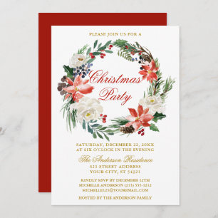Watercolor Poinsettia Wreath Red Christmas Party Invitation