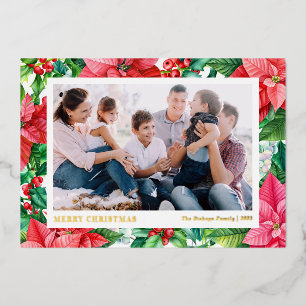 Watercolor Poinsettias and Berries Merry Christmas Foil Holiday Card