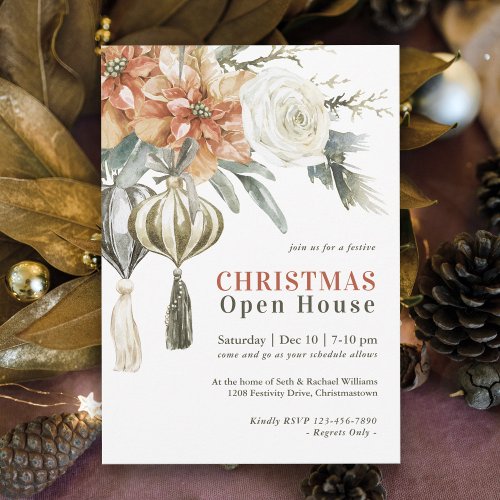 Watercolor Poinsettias and Ornaments Open House Invitation