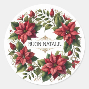 Watercolor Poinsettias "Buon Natale" Italian Classic Round Sticker