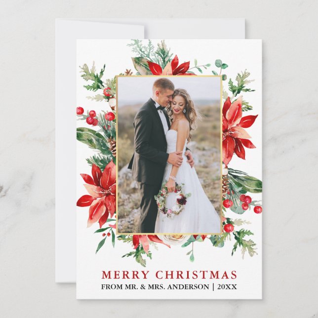 Watercolor Poinsettias Christmas Newlywed Gold Holiday Card (Front)