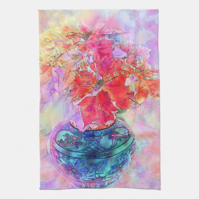 Watercolor Poinsettias Kitchen Towel (Vertical)