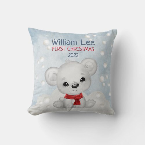 Watercolor Polar Bear Baby 1st First Christmas Throw Pillow