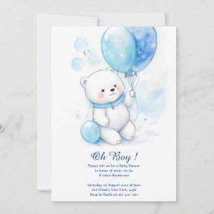 Watercolor Polar Bear Boy Baby Shower Invitation