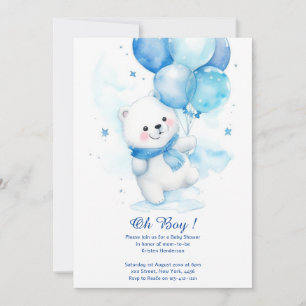 Watercolor Polar Bear Boy Baby Shower Invitation