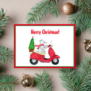 Watercolor Polar Bear Christmas Scooter Holiday Card