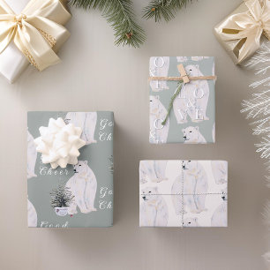 Watercolor Polar Bear Christmas Tree Pattern Wrapping Paper Sheets