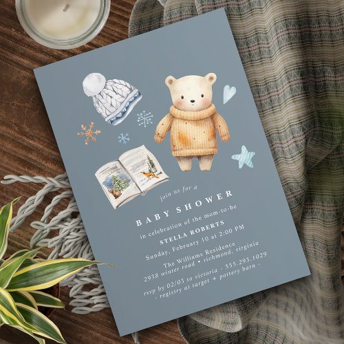 Watercolor Polar Bear Cute Blue Winter Baby Shower Invitation