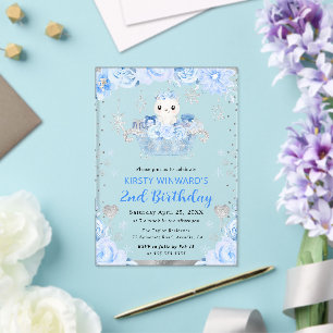 Watercolor Polar Bear Floral 2nd Birthday Acrylic Invitations