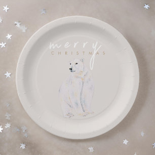 Watercolor Polar Bear Modern Merry Christmas Paper Plates