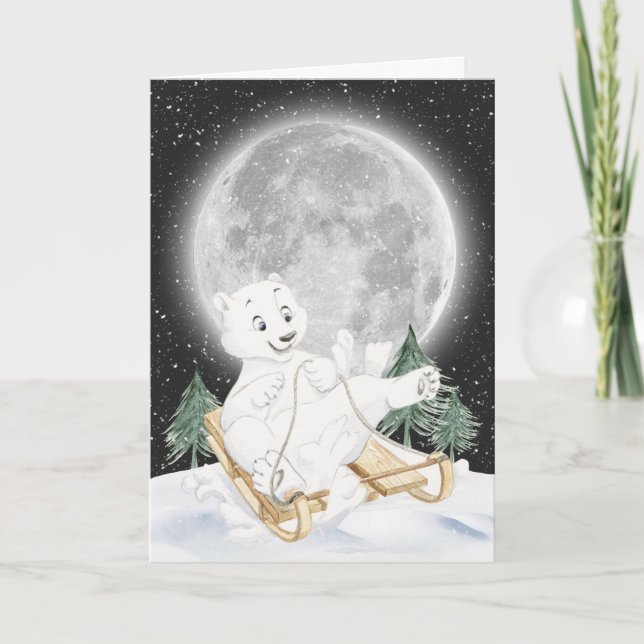 Watercolor Polar Bear On Sled Card (Front)