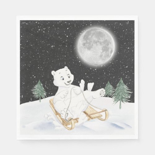 Watercolor Polar Bear On Sled Napkins