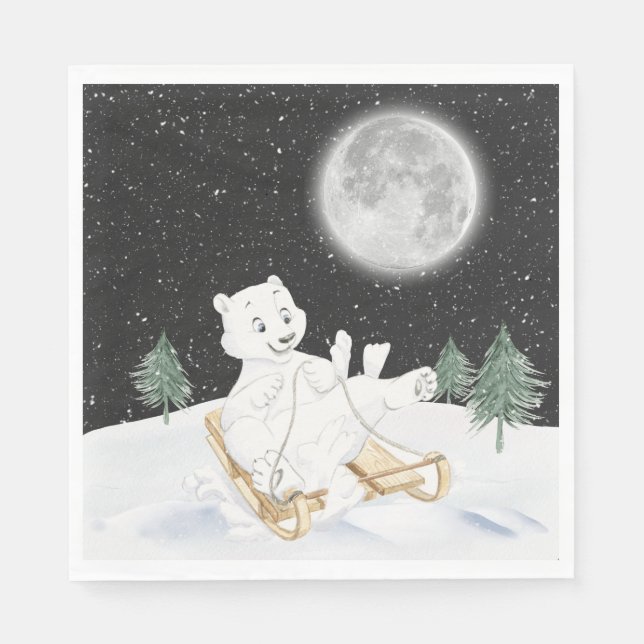 Watercolor Polar Bear On Sled Napkins (Front)