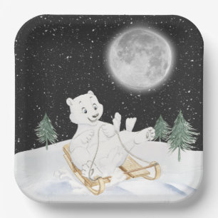 Watercolor Polar Bear On Sled Paper Plates