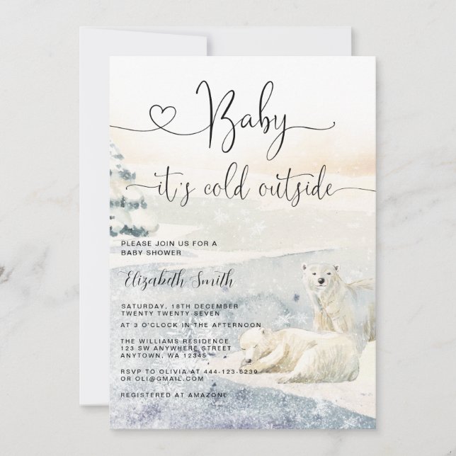 Watercolor Polar Bear Winter Baby Shower Invitation (Front)