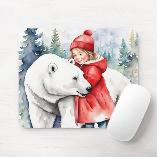 Watercolor Polar Bear With Girl Mouse Pad