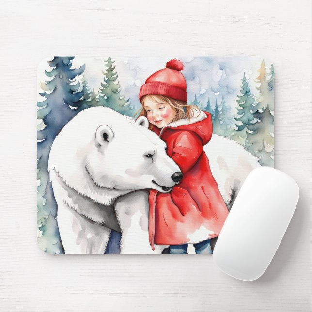 Watercolor Polar Bear With Girl Mouse Pad (With Mouse)