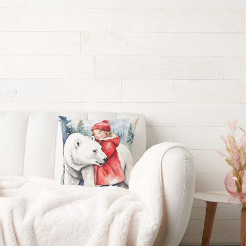 Watercolor Polar Bear With Girl Throw Pillow