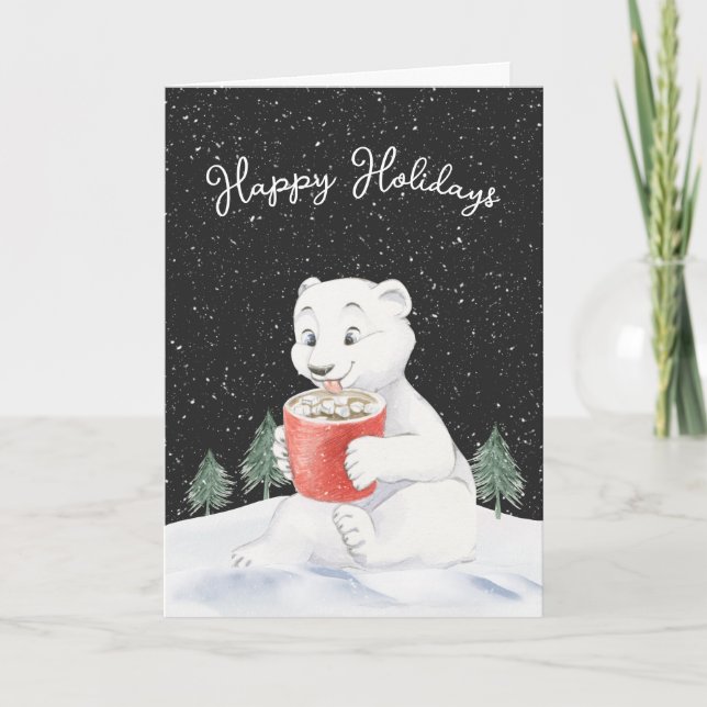 Watercolor Polar Bear With Hot Cocoa Card (Front)
