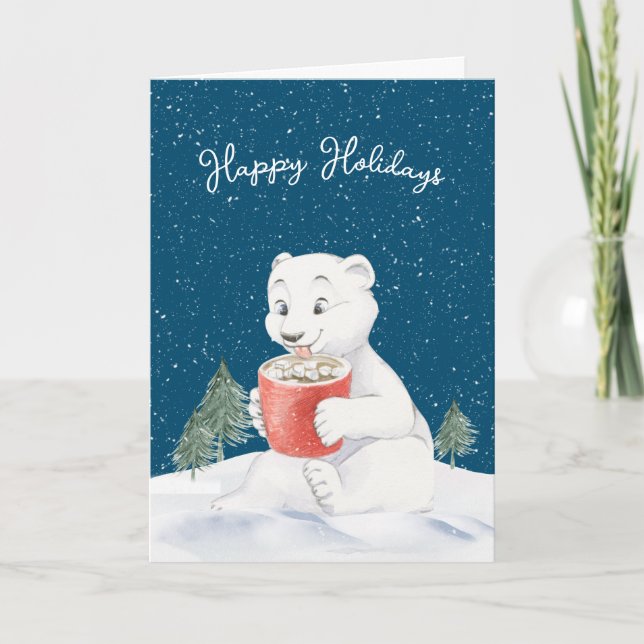 Watercolor Polar Bear With Hot Cocoa Card (Front)