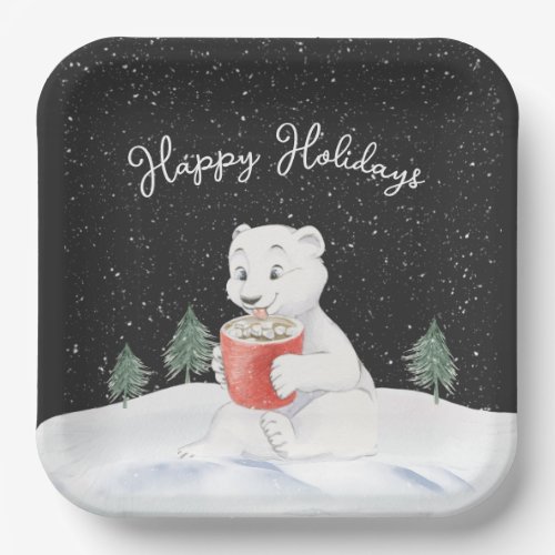 Watercolor Polar Bear With Hot Cocoa Paper Plates