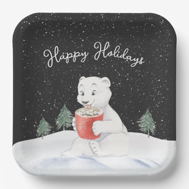 Watercolor Polar Bear With Hot Cocoa Paper Plates (Front)