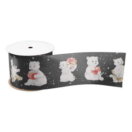 Watercolor Polar Bears In Snowflakes Satin Ribbon