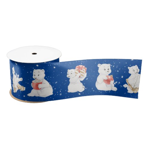 Watercolor Polar Bears In Snowflakes Satin Ribbon